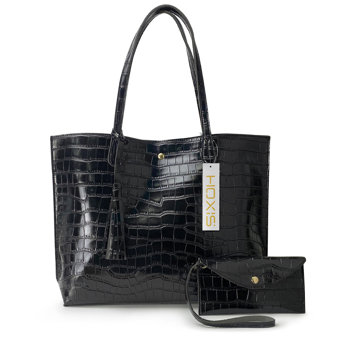 Black Croc Print Shopper Bag / Black Leather Bag / Black -  Israel